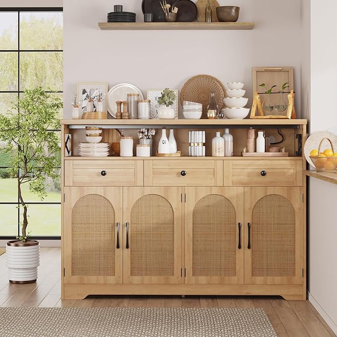 Vabches 47''W Rattan Buffet Sideboard, Boho Storage Cabinet with 3 Drawers and Adjustable Shelves, Farmhouse Coffee Bar Station Microwave Stand with Storage for Kitchen, Dining/Living Room, Natural