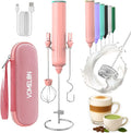Milk Frother Handheld with 3 Stainless Steel Whisks, Rechargeable Electric Drink Mixer with Stand & Travel Case, Milk Foamer for Coffee, Latte, Cappuccino, Hot Chocolate, Egg,Jam Supplement-Pink