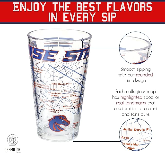 Greenline Goods – Boise State University Broncos College Pint Beer Glasses (Set of 2), 16 oz – Full-Color Logo + Campus Map