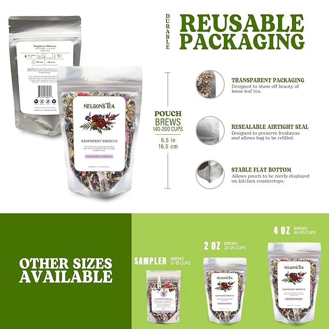 Nelson's Tea Raspberry Hibiscus Tea - Caffeine Free, Cut & Sifted Green Rooibos, Honeybush, Dried Raspberries, Acai, and Pomegranate Loose Leaf (16 oz)