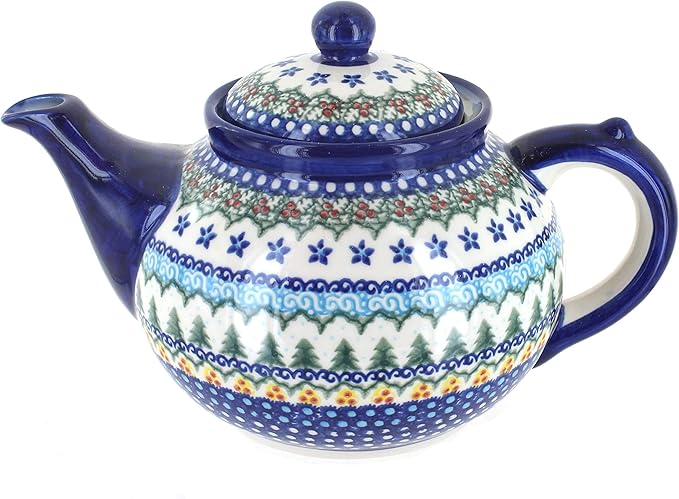 Blue Rose Polish Pottery - Green Holiday Pine Teapot - 4 Cup Capacity - Polish Pottery Holiday Teapot, Festive Design for Coffee & Tea Service