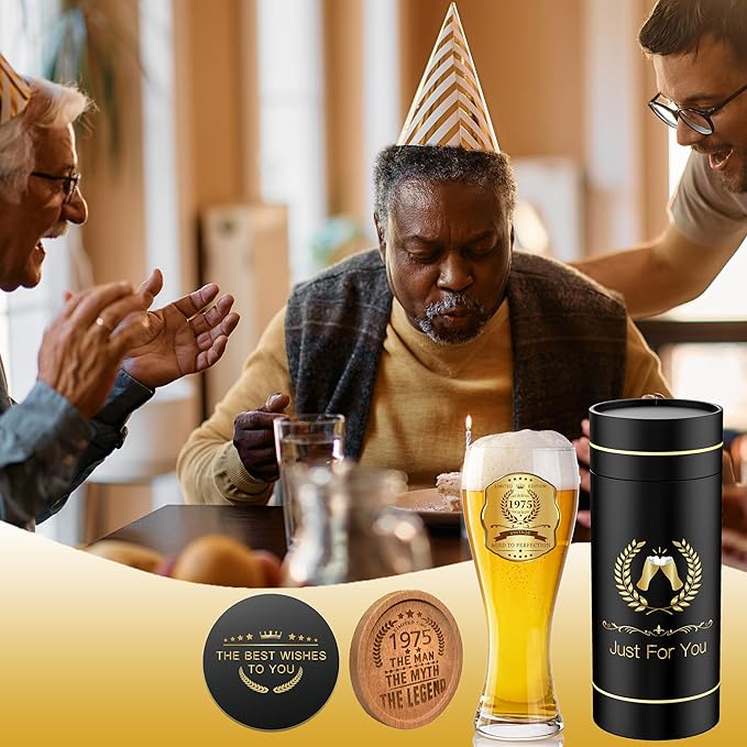 50th Birthday Beer Glasses Gifts, Personalized '1975' Vintage Glass Ware Set for Men, Black Gift Package with Drinking Glass, Coaster, and Card for 50 Years Old Man