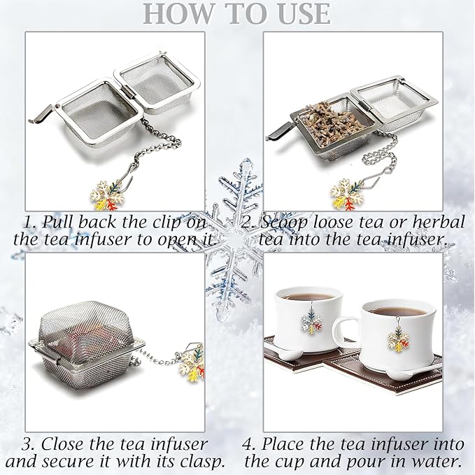 Snowflake Tea Infuser Set, 2 PCS Stainless Steel Tea Balls with Rhinestone Colorful Enamel Gold & Silver Pendant, Reusable Loose Leaf Strainer for Winter & Christmas Gift