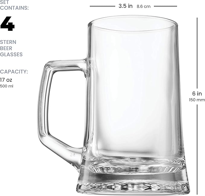 Bormioli Rocco 4-Pack Solid Heavy Large Beer Glasses with Handle - 17.1/4 Ounce Glass Steins, Traditional Beer Mug glasses Set, Perfect Coffee - Tea Glass, Everyday Drinking Glasses, Cocktail Glasses