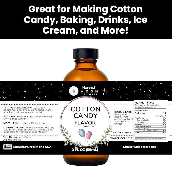 Cotton Candy Flavoring Extract - 2 oz - Water-Soluble - By Harvest Moon Delights - Cotton Candy Extract for Baking, Ice Cream, Drinks, and Candy - Flavor - Sugar Free