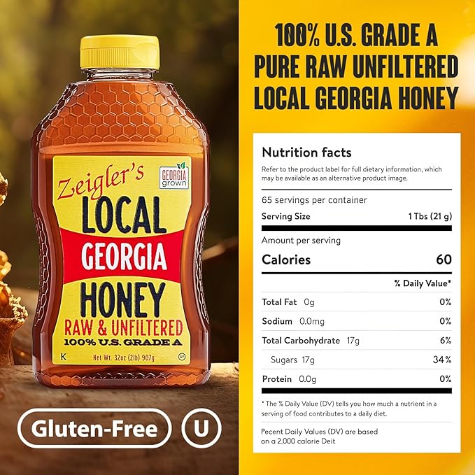 Zeigler's Local Georgia Award Winning Honey – All Natural, Pure, Raw, & Unfiltered Georgia Honey, 32 oz Squeeze Bottle – For Tea, Yogurt, Parfaits, Toast, and Cornbread
