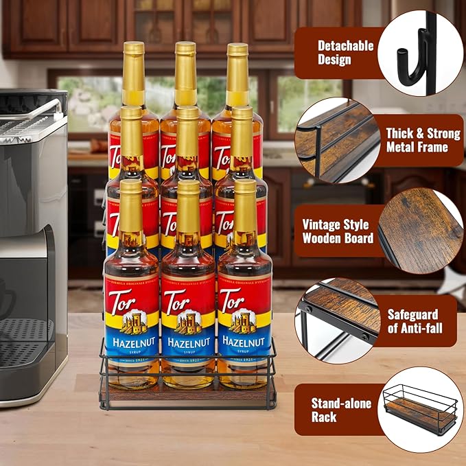 9 Bottle Coffee Syrup Rack Organizer 2 Tier Syrup Holder Stand for Coffee Bar Syrup Storage Shelves for Bar Family Storage Small Wine Rack for Syrup Wine Dressing