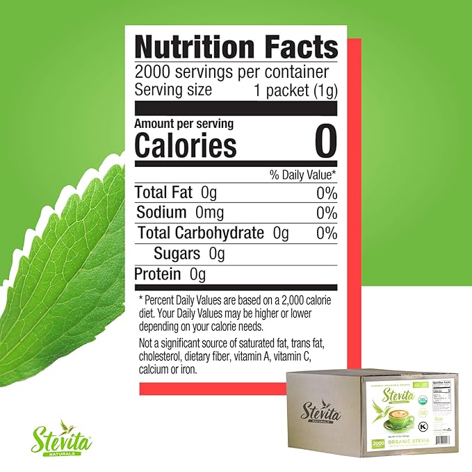 Stevita Organic Spoonable Stevia Packets - 2000 count - Stevia & Erythritol All Natural Sweetener, No Calories - USDA Organic, Non GMO, Vegan, Kosher, Paleo, Gluten-Free - 2000 Servings