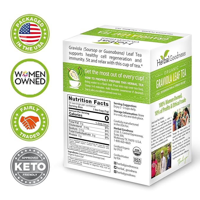 Graviola Leaf Soursop Tea - Organic Soursop Leaves | Hoja de Guanabana Leaves | Cell Support & Regeneration, Calm Relaxation - Caffeine Free - 24 Tea Bags - Herbal Goodness