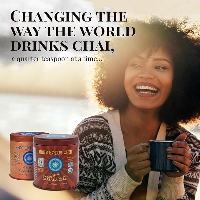 Blue Lotus Chai - Golden Rooibos Flavor Masala Chai - Makes 65 Cups - 2 Ounce Masala Spiced Chai Powder with Organic Spices - Instant Indian Tea No Steeping - No Gluten