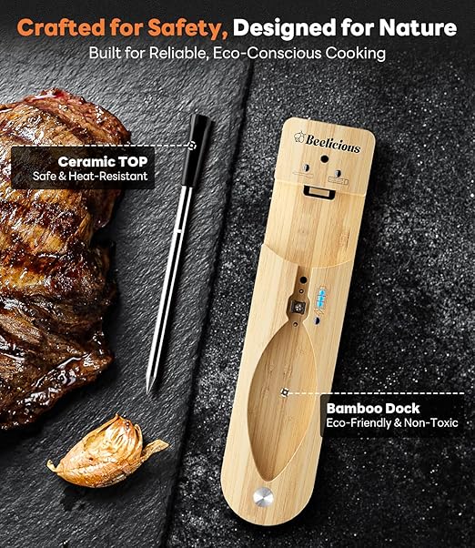 Beelicious Pro Wireless Meat Thermometer – Stable Bluetooth Smart Probe with ±1.8℉ Accuracy, 0.5s Fast Response & Long-Lasting Battery, IP67 Waterproof, App Controlled for Grill, Oven, Air Fryer