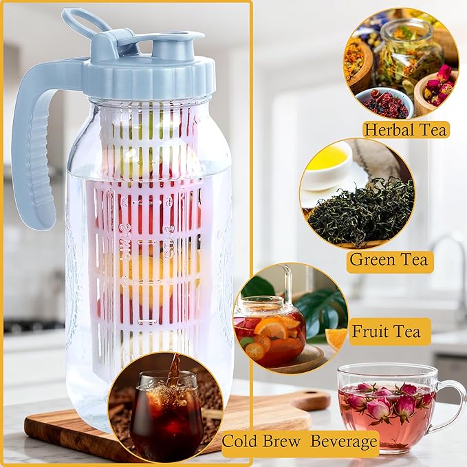 Half Gallon Glass Pitcher With Infuser Lid 2 Quart Mason Ja Fruit Infused Cold Hot Water Pitcher 64 Oz Wide Mouth Sun Tea Jar For Outside For Fridge Lemonade, Beverage,Milk,Juice, Cold Brew Container