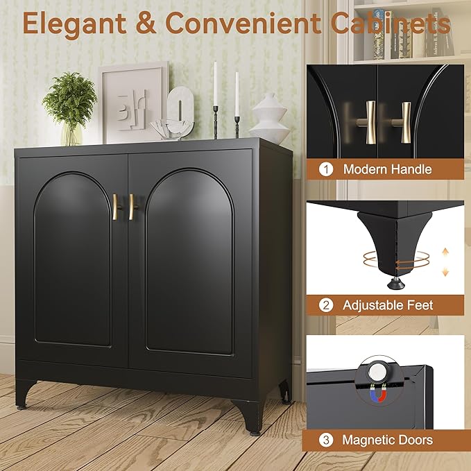 Buffet Cabinet with Storage, 33" H Side Board Storage Cabinet with Doors and Shelves, Metal Sideboard Cabinets for Dining Room, Living Room, Assembly Required, Black