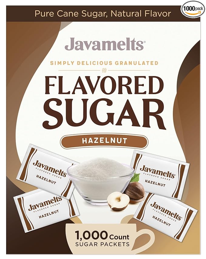 Javamelts Hazelnut Flavored Sugar Packets | Pure Cane Sugar for Baking, Coffee Syrup Substitute, Cocktails, Tea | Non GMO, Non Dairy, Gluten Free, Kosher | 1,000 Bulk Sugar Packets