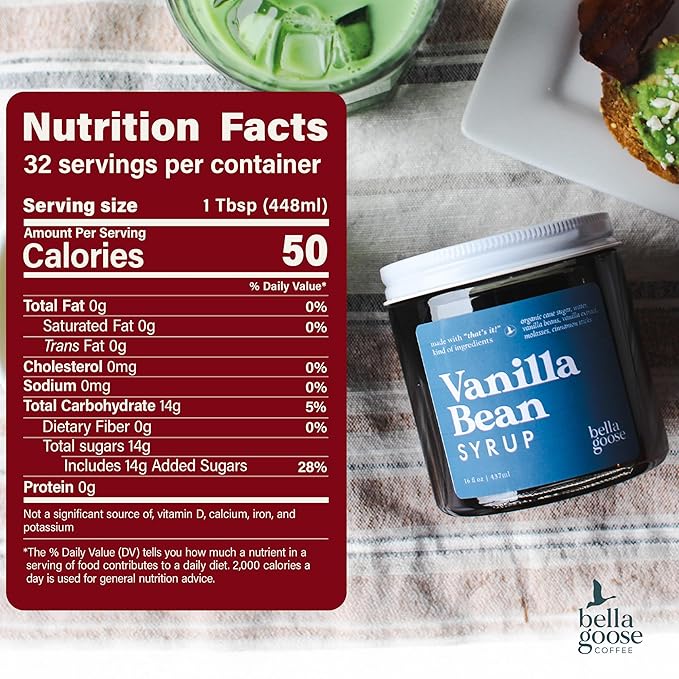 Bella Goose Vanilla Bean Coffee Syrup Jar (16oz) - Homemade Pure Cane Sugar Syrup for Lattes, Mocha, Desserts, & Ice Cream - Clean Ingredient - No Artificial Flavors, Oils, Dyes, or Preservatives Syrups for Coffee Drinks