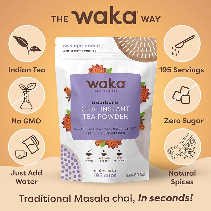 Waka Traditional Chai Tea Powder Mix - Chai Tea Concentrate Sugar Free, Pure Leaves from India, Natural Spices, Unsweetened, No Additives (4.5oz Pouch, 195 Servings)