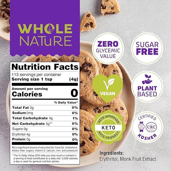 Whole Nature Monk Fruit Sweetener 1:1 Baking Sugar Substitute Made in the USA – Granulated Blend With Erythritol – Zero Calorie – Keto – Paleo – Non-GMO – Kosher - Natural Alternative – 1lb Pouch