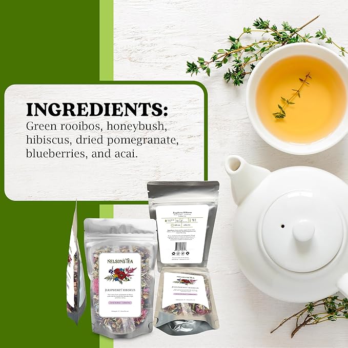 Nelson's Tea Raspberry Hibiscus Tea - Caffeine Free, Cut & Sifted Green Rooibos, Honeybush, Dried Raspberries, Acai, and Pomegranate Loose Leaf (4 oz)