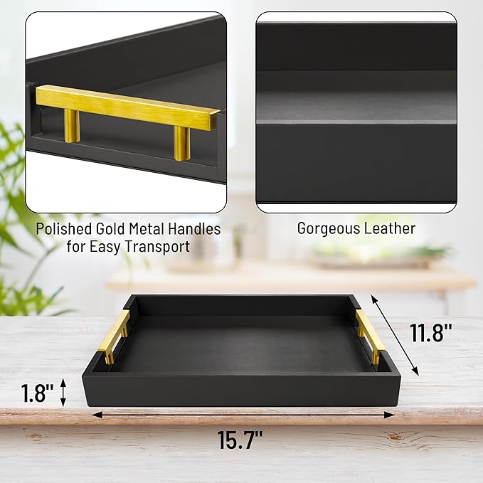Leather Serving Tray with Gold Polished Metal Handles, Home Decorative Wooden Rectangle Ottoman Decor Platter Bathroom Vanity Tray for All Occasions Black