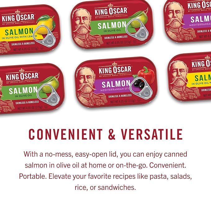 King Oscar Premium Salmon in Olive Oil, 4.05-Ounce Cans (Pack of 12, Packaging May Vary), Skinless & Boneless Salmon