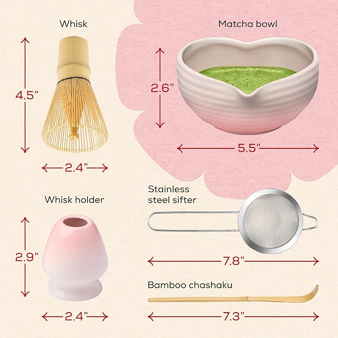 Rehny’s Matcha Whisk Set | Complete Matcha Set w/Heart-Shaped Bowl, Bamboo Whisk, Holder, Stainless Steel Sifter, Bamboo Scoop | Christmas Gift Present Macha Kit Handmade Bowl | Macha Powder Tea Kit