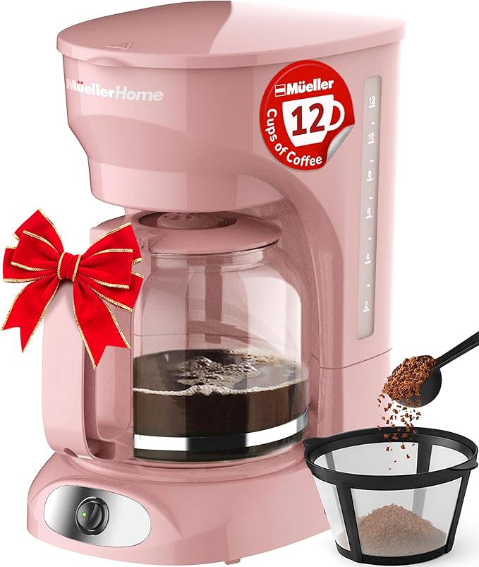 MUELLER HOME 12-Cup Pink Coffee Maker - Borosilicate Carafe, Auto-Off, Pink Kitchen Accessories, Reusable Filter, Anti-Drip, Kitchen Appliances, Keep-Warm Function, Kitchen Décor