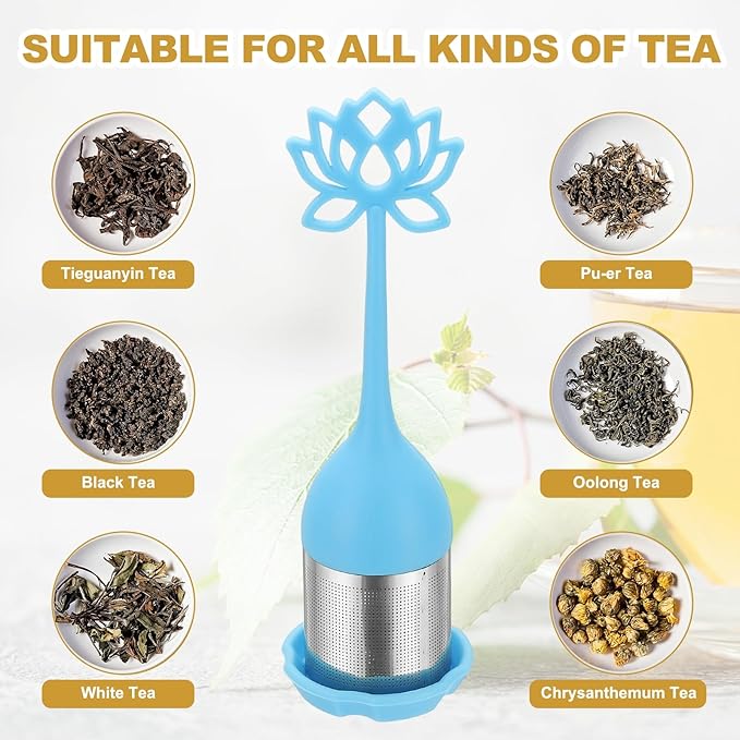 uxcell 2 Pcs Lotus Tea Infuser, Stainless Steel Loose Leaf Tea Steeper Filter with Silicone Handle Reusable Thin Pores Mesh Strainer Diffuser for Teacups Teapots Mugs, Blue