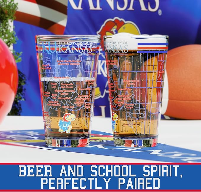 Greenline Goods – University of Kansas Jayhawks College Pint Beer Glasses (Set of 2), 16 oz – Full-Color Logo + Campus Map