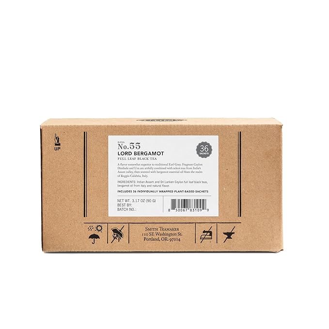 Steven Smith Teamaker Lord Bergamot No. 55, Caffeinated, Sugar-Free, Sustainably Grown, Full Leaf Earl Grey Black Tea Bags, 36 Sachets, 1.2oz each