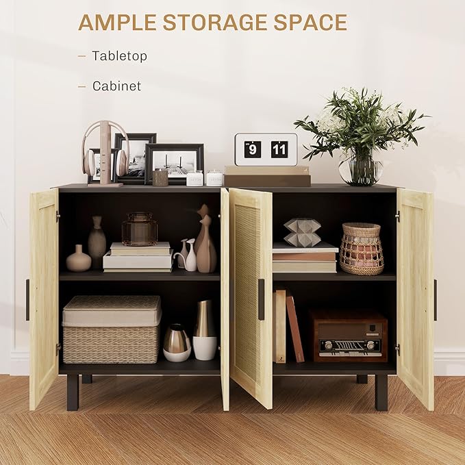 HOMCOM Boho Sideboard Buffet Cabinet, Coffee Bar Cabinet with 4 Rattan Doors and Adjustable Shelves for Kitchen, Living Room, Black and Natural