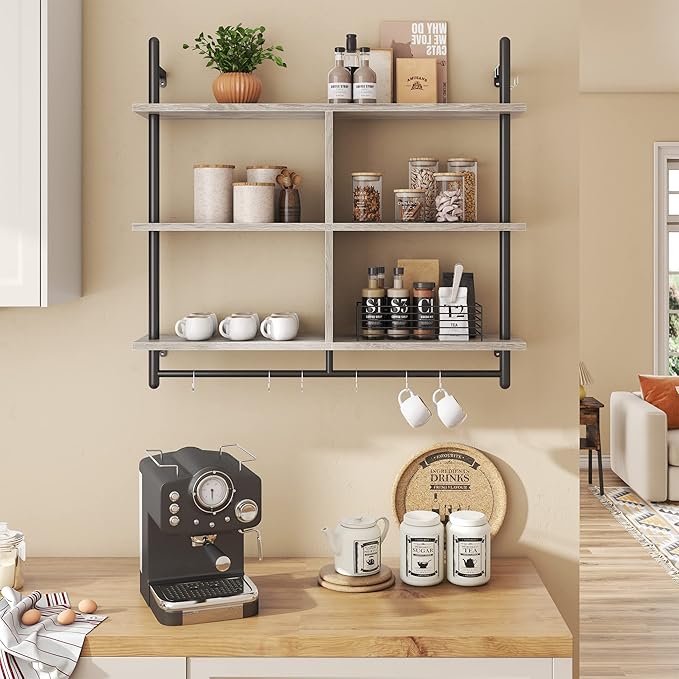 Bestier 41" Floating Kitchen Shelves Wall Mounted 3 Tier Coffee Bar Mug Shelf Hanging with 8 Hooks Display Plant Pipe Shelving for Living Room Kitchen Bathroom Balcony, Retro Grey