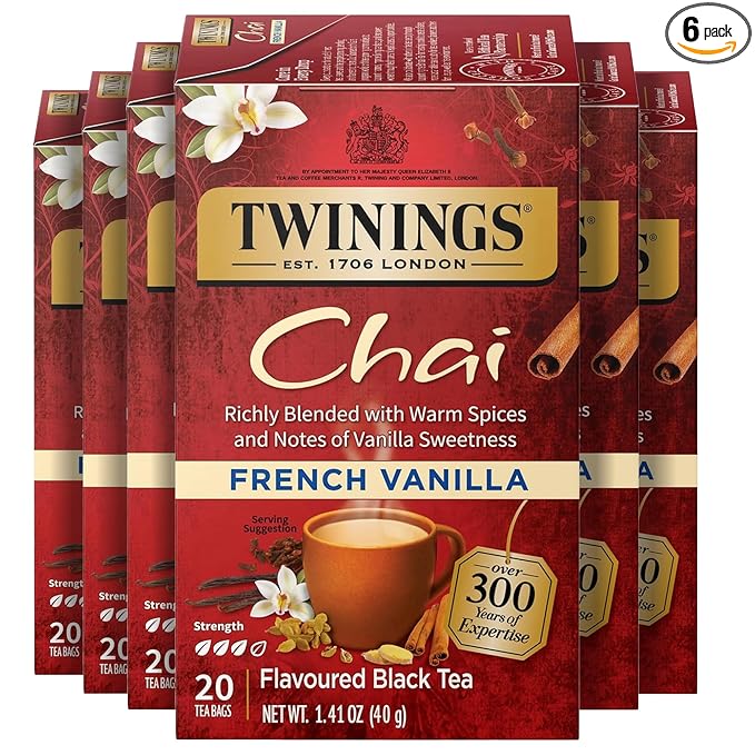 Twinings French Vanilla Chai Black Tea Individually Wrapped Bags, 20 Count (Pack of 6), Warm, Sweet & Spicy, Caffeinated, Enjoy Hot or Iced, 120 Teabags