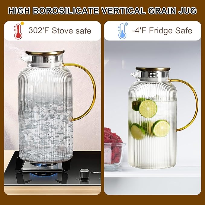 Glass Water Pitcher with Lids and Handles, Hot and Cold Water Bottles, Heat-Resistant Borosilicate Glass Water Jugs, Used for Cold Brewed Tea, Coffee, Lemonade, and Homemade Beverages(2.5L 2PCS)