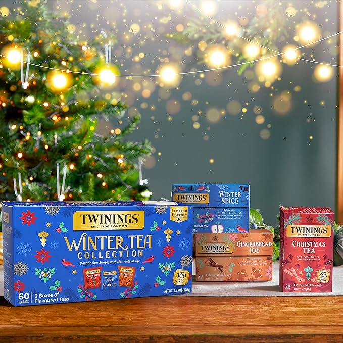 Twinings Winter Tea Collection, Limited Edition Holiday Gift Box, 20 Count (Pack of 3), Includes Christmas Tea, Winter Spice, and Gingerbread Joy, Enjoy Hot or Iced, 60 Teabags