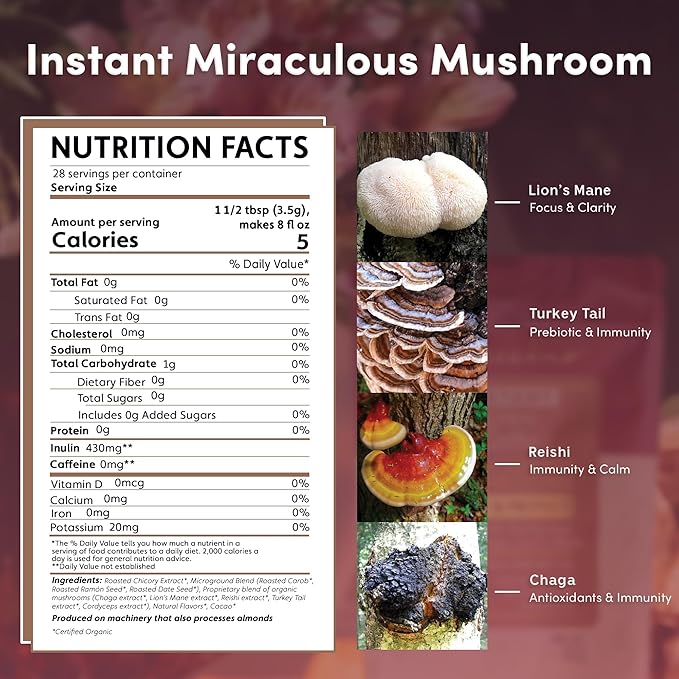 Miraculous Mushrooms Instant Adapt & Protect Herbal Coffee By Teeccino – 33 servings - Microground Herbs plus Reishi, Lion’s Mane, Chaga, Turkey Tail, Cordyceps - Caffeine Free, Prebiotic - 3.53 ounces