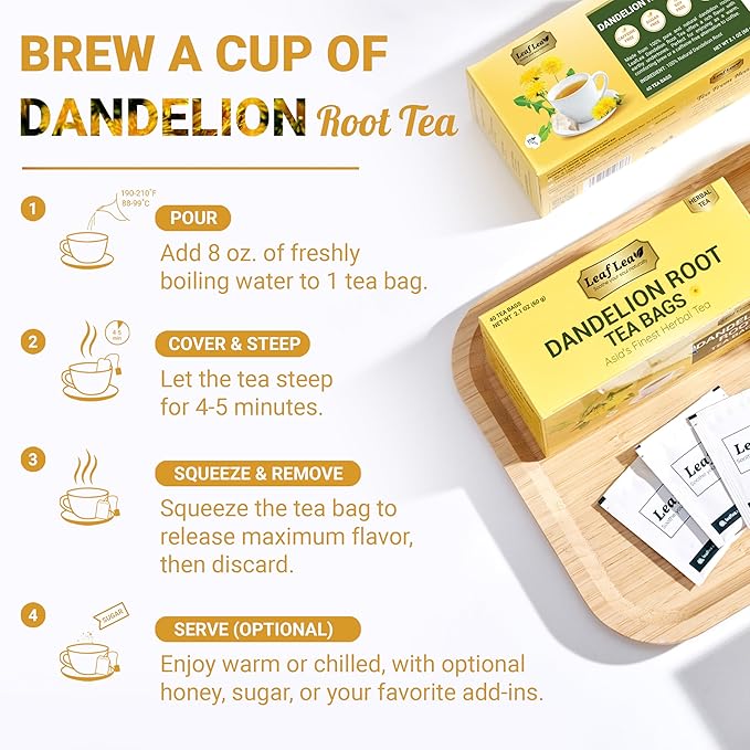 LeafLea Dandelion Root Tea Bags, 160 Dandelion Tea Bags, Natural Dried Dandelion Root, Caffeine-Free, Vegan, Gluten-Free, No Sugar, Sealed for Fresh Flavor, 4 Pack