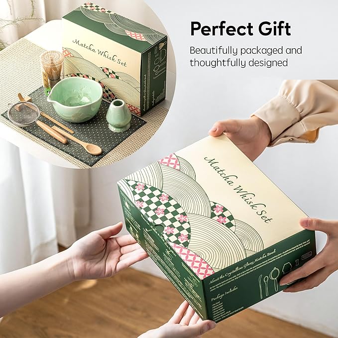 Matcha Whisk Set, Handcrafted Crystalline Glaze Matcha Set, 8 Pcs Matcha Kit Includes Matcha Bowl, Whisk with Holder, Bamboo Scoop & Spoon, Sifter and Tea Towel, Ceremonial Matcha Tea Set