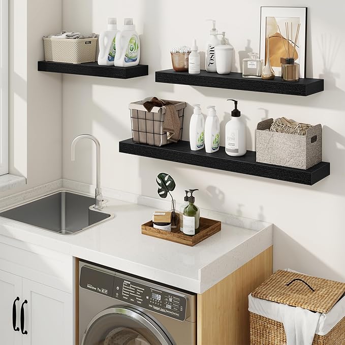 fuqing Floating Shelves for Wall, Wall Mounted Wood Floating Shelf with Invisible Brackets for Living Room, Bathroom, Bedroom, Kitchen Storage and Decor, 24 Inch Set of 2, Black