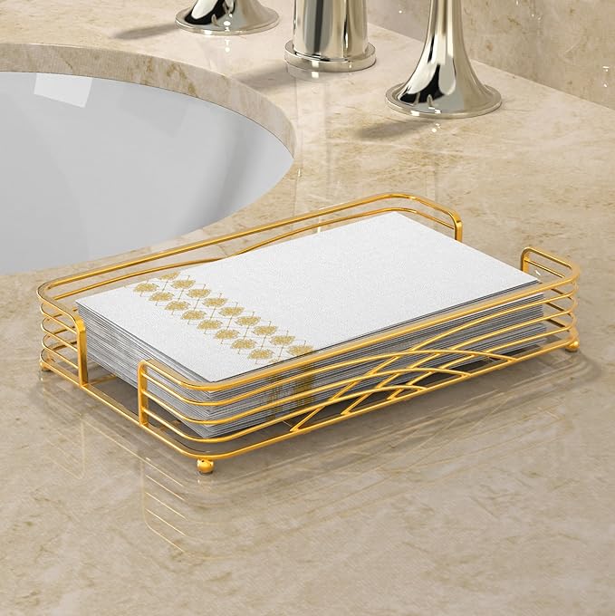 Gold Guest Towel Holder Tray for Bathroom – Countertop Napkin Organizer for Disposable Paper Towels, Elegant Hand Towel Rack for Powder Room, Modern Guest Bathroom Accessories
