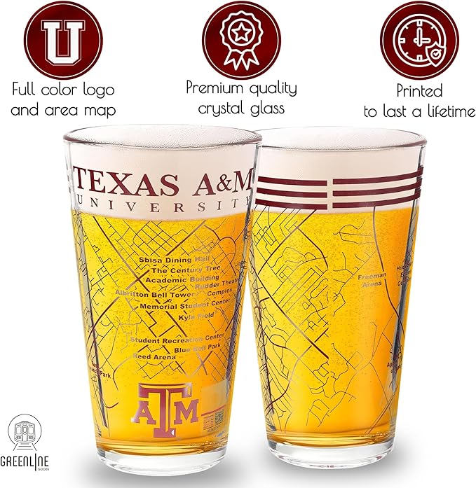 Greenline Goods – University of Texas A&M Aggies College Pint Beer Glasses (Set of 2), 16 oz – Full-Color Logo + Campus Map