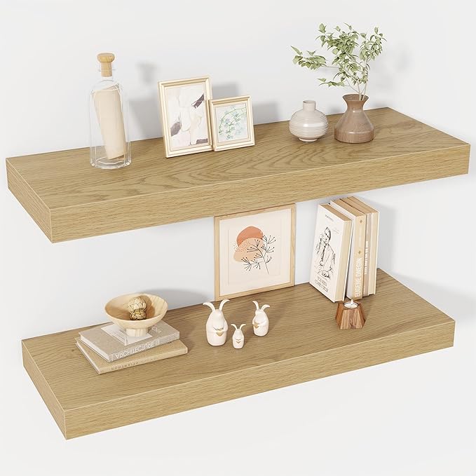 30 Inch Floating Shelves, 12" Deep Floating Shelf Wall Mounted, 30" Wall Shelves, Rustic Deep Bookshelf, Extra Deeper & Thicker Display Shelves for Bedroom, Living Room, Oak, Set of 2
