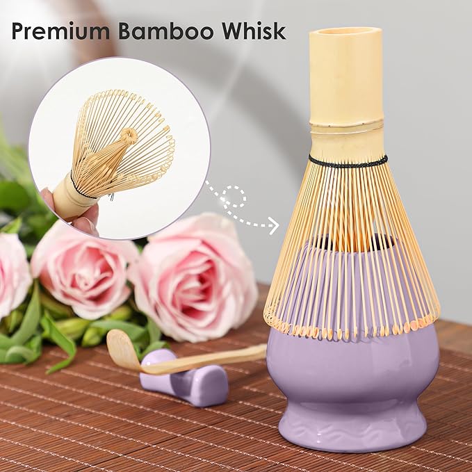 Matcha Whisk Set Matcha Kit - 7 Pcs Japanese Tea Set Includes Matcha Bowl with Spout,Bamboo Whisk with Ceramic Holder,Bamboo Scoop and Rest,Sifter,Tea Towel, for Ceremony Matcha Lovers Gift,Purple