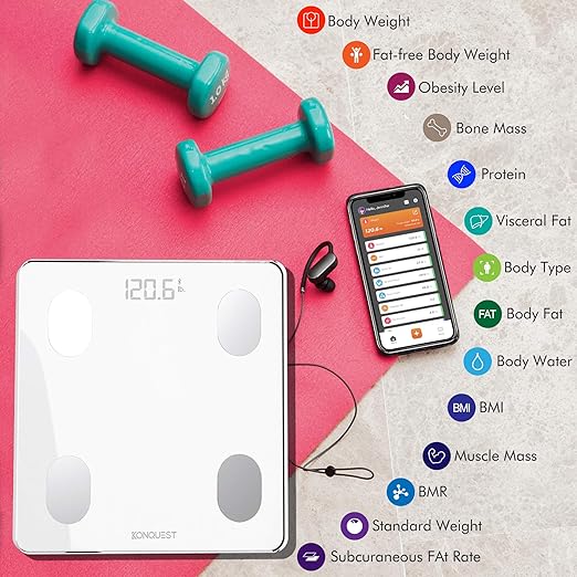 KONQUEST Smart Scale for Body Weight, Digital Bathroom Scale BMI Weighing Bluetooth Body Fat Scale, Body Composition Monitor Health Analyzer with Smartphone App, 400 lbs - White