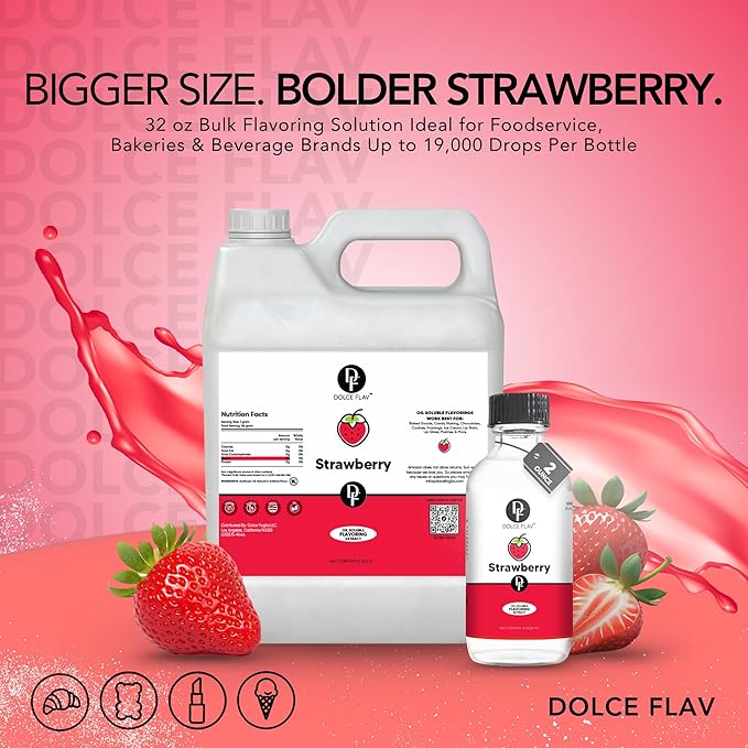 Dolce Flav Strawberry Flavoring – 32 oz. – Premium Oil-Based Extract for Chocolates, Frostings, Baked Goods & Confections | Ideal for Bakeries & Commercial Kitchens