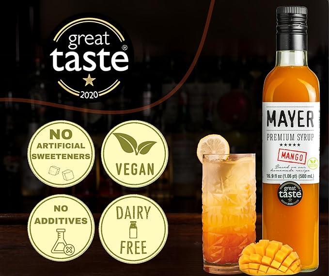 Mayer Mango Syrup for Drinks & Cocktails – Handcrafted in Hungary, Natural Mango Flavoring Syrup – Handcrafted with 100% Real Fruits for Martini, Mocktail, Smoothie, Lemonade, Pancakes, Ice Cream – Vegan, Gluten-Free – (16.9 Fl Oz each / Pack of 2)