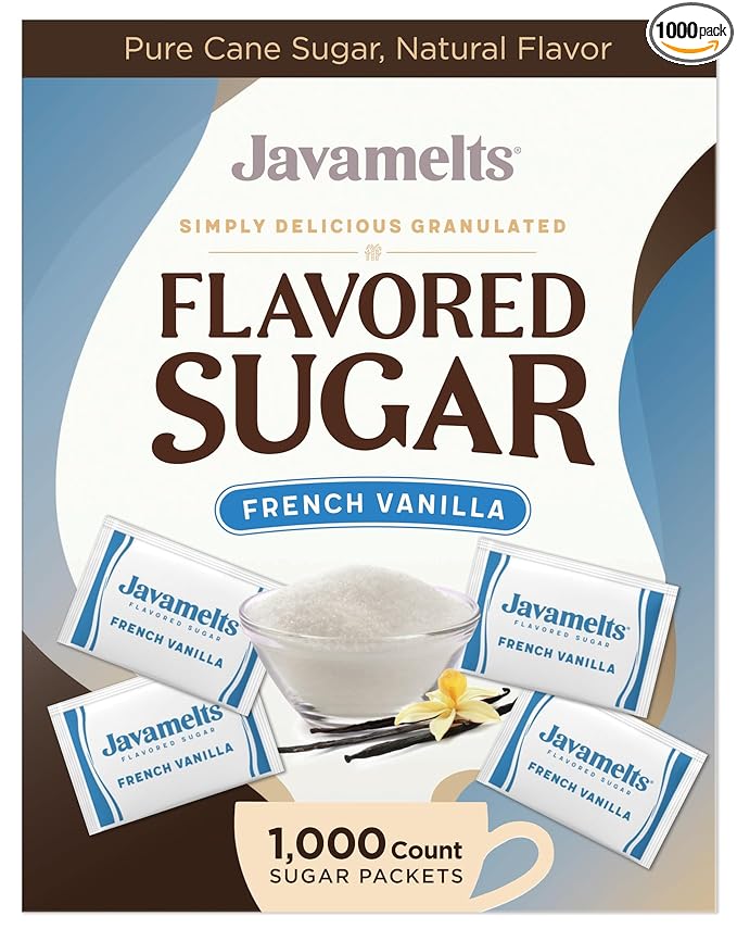 Javamelts French Vanilla Flavored Sugar Packets | Pure Cane Sugar for Baking, Coffee Syrup Substitute, Cocktails, Tea | Non GMO, Non Dairy, Gluten Free, Kosher | 1,000 Bulk Sugar Packets
