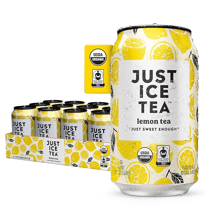 Just Ice Tea, Lemon Flavored Black Iced Tea, 12-Pack (12oz Cans), USDA Certified Organic, Real Brewed, Low Calorie, No Artificial Sweeteners, Fair Trade, Made in USA.