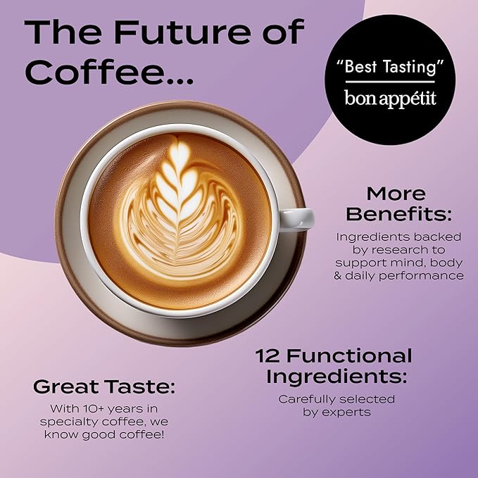 Atlas+ Latte Superblend– Premium Mushroom Coffee with Collagen, Probiotics, D3 & B12, Lion’s Mane, Reishi, Cordyceps, Coconut– for Energy, Focus, Immunity & Gut Health– 20 Servings (1 Bag)