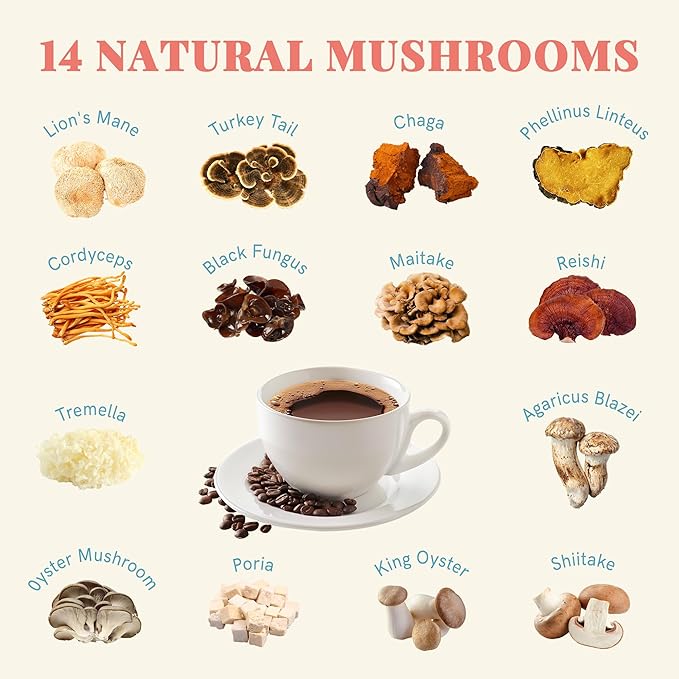 Decaf Mushroom Coffee, Instant Coffee Mix, 80 Servings | Sugar-Free, Decaffeinated Coffee Powder Blend | 14 Mushroom Extract for Immune Support & Focus, 8.5 OZ