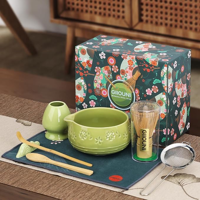 Matcha Whisk Set, Ceramic Bowl with Spout, Bamboo Matcha Whisk & Spoon, Chasen Holder, Scoop Rest, Sifter, 8-Pcs Japanese Ceremony Matcha Powder Kit–Christmas Gift for Women-Matcha Green